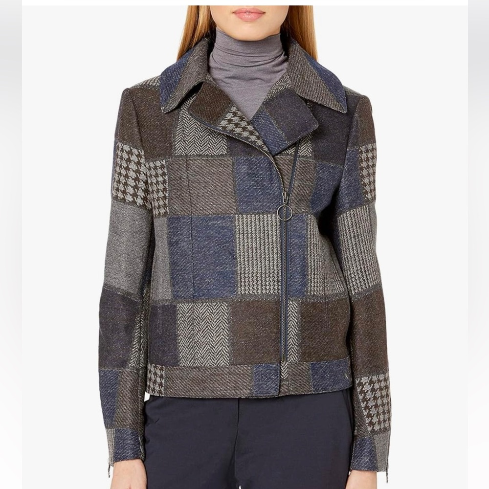 BCBG MAXAZRIA Patchwork Moto Jacket XS Wool Blend Blue Gray Y2K